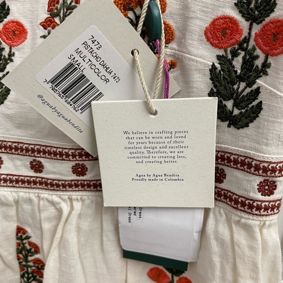 NWT Agua by Agua Bendita Pistachio Dahlia Dress Embroidered Floral Ivory S - Picture 9 of 13